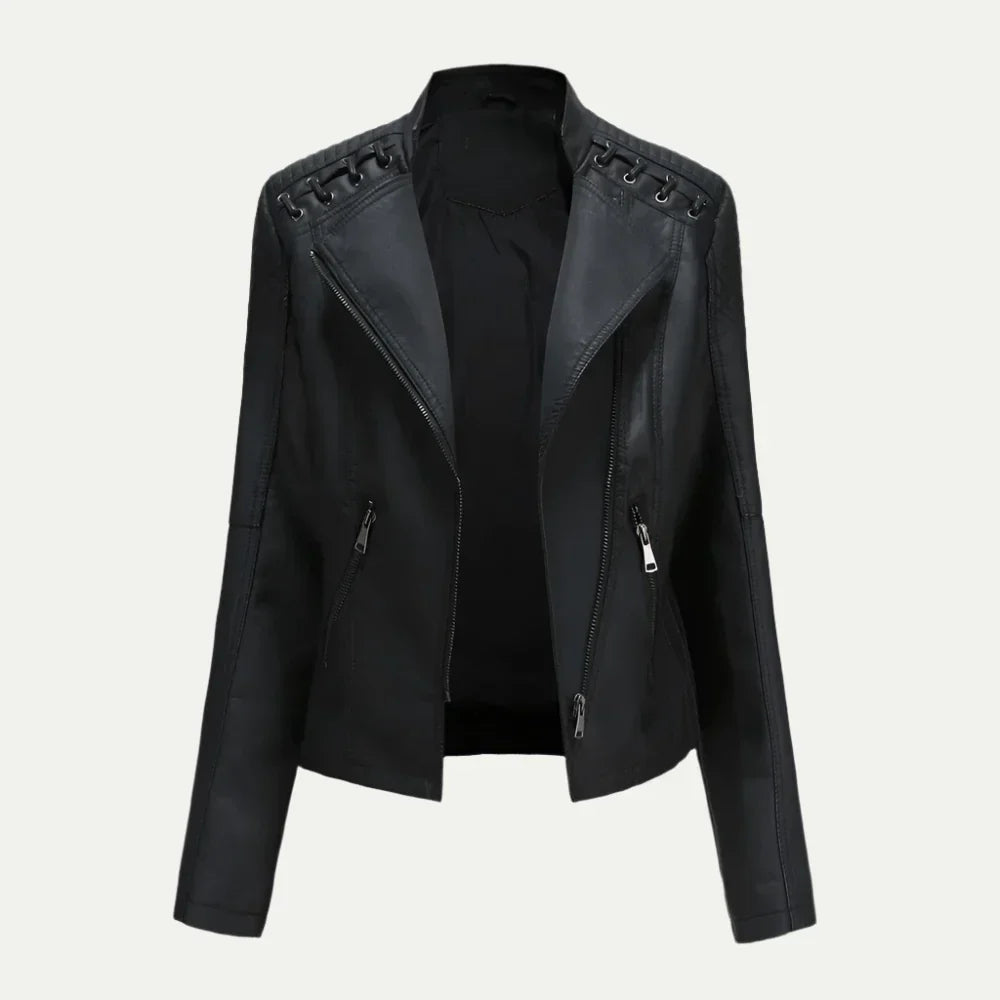 Women’s Leather Jacket – Asymmetric Zip & Quilted Shoulder Detail