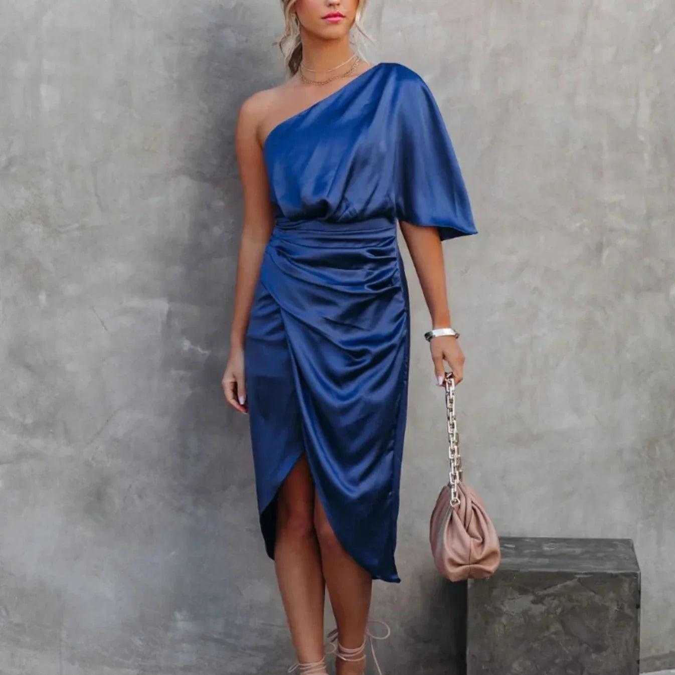 Women’s One Shoulder Mini Dress – Satin Wrap Style for Elegant Occasions