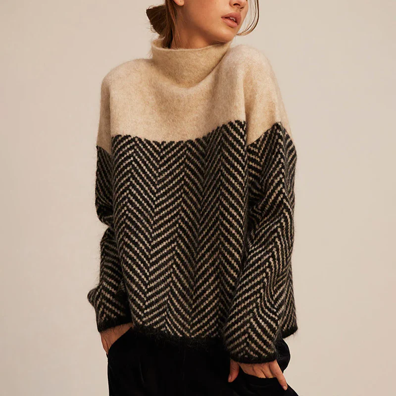 Women’s Oversized Turtleneck Sweater – Soft Two-Tone Knit with Chevron Pattern