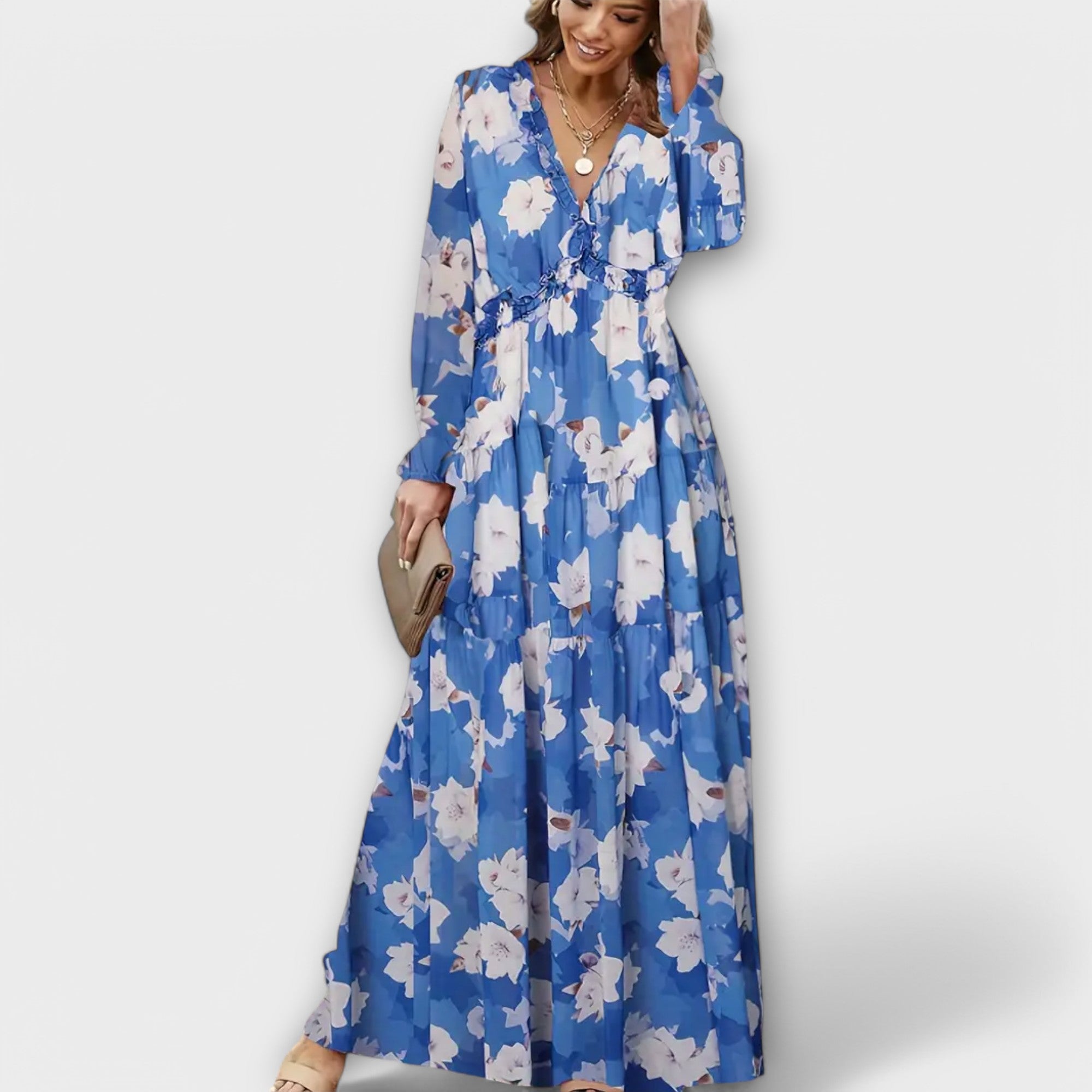 Women’s Pleated Long Sleeves V-Neck Floral Maxi Dress – Elegant Holiday Dress