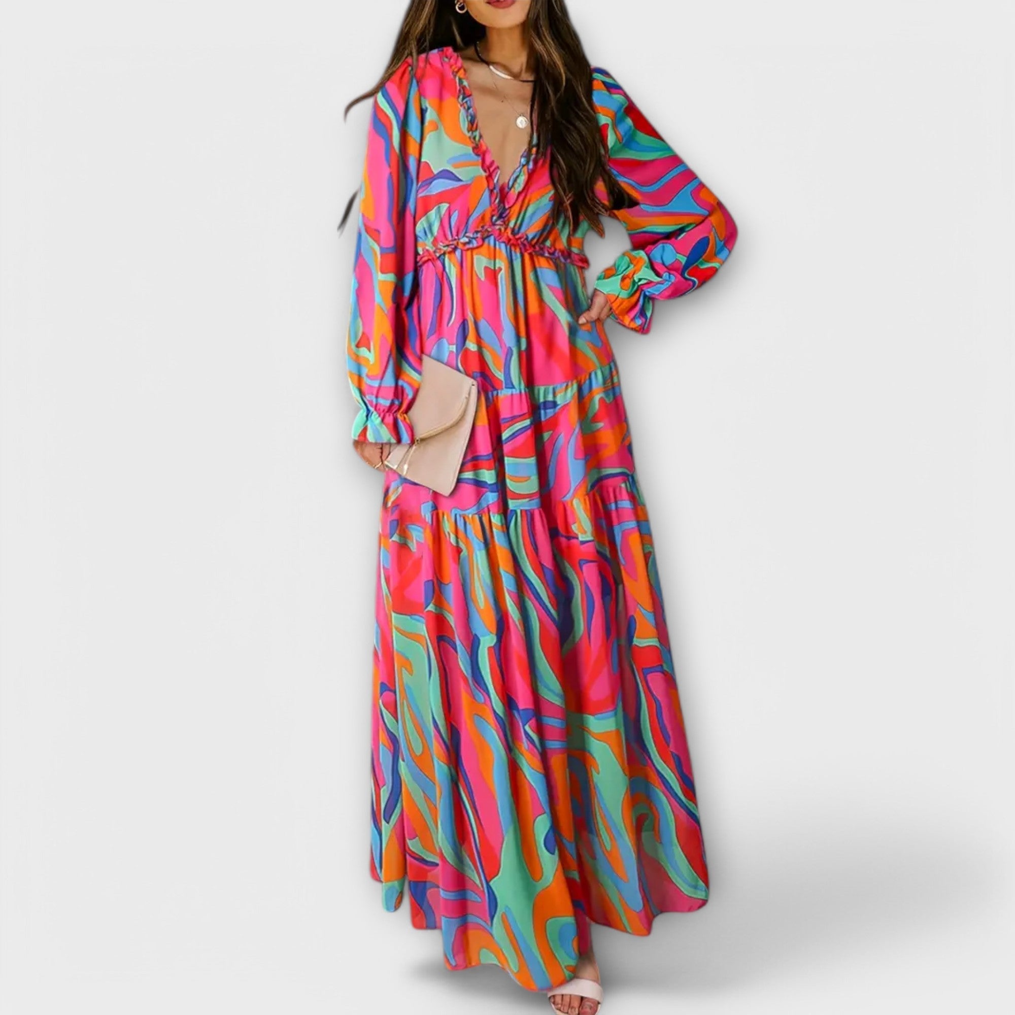 Women’s Pleated Long Sleeves V-Neck Floral Maxi Dress – Elegant Holiday Dress
