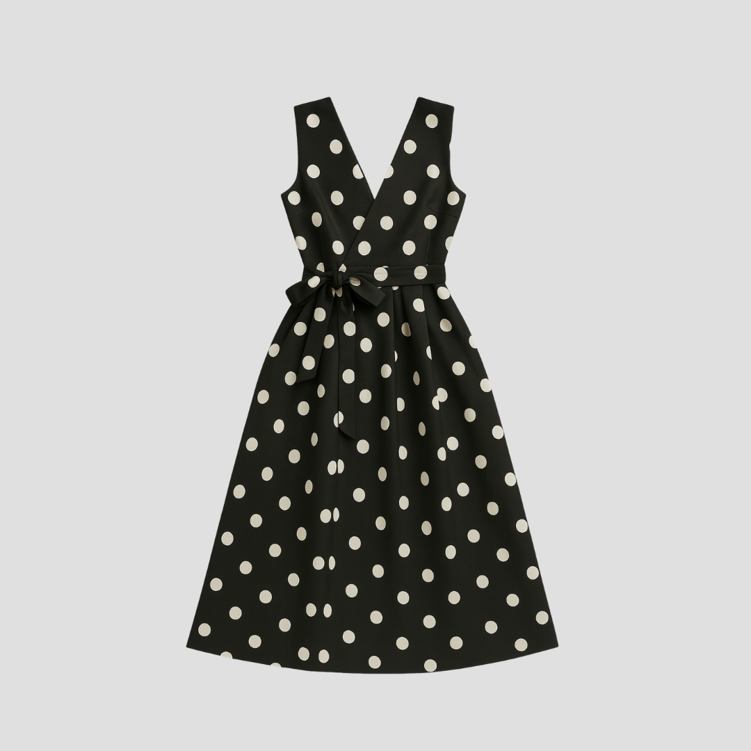 Women’s Polka Dot Midi Dress – Wrap Front, Tie Waist, Sleeveless