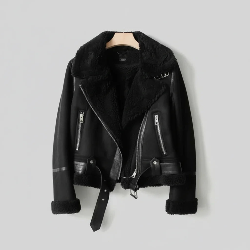 Women’s Shearling Biker Jacket – Sherpa Lined with Belted Hem