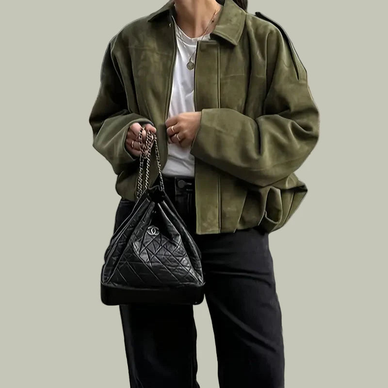 Women’s Short Jacket – Faux Suede, Oversized, Elasticated Hem