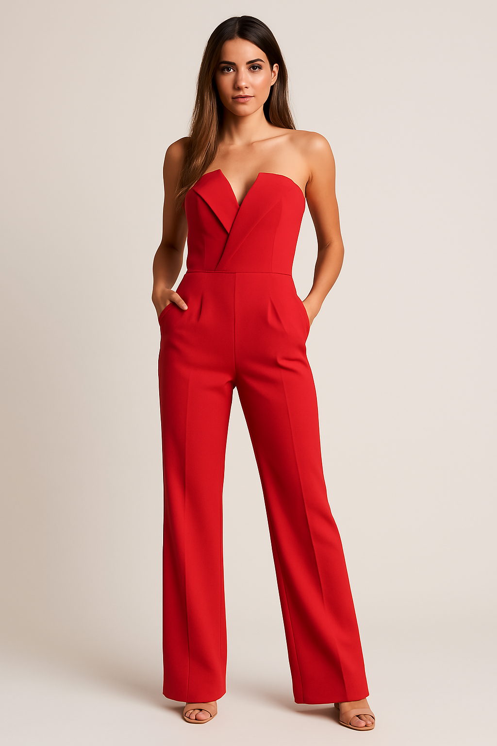 Women's Sleeveless One-Piece Jumpsuit with V-Neck and Wide-leg Trousers