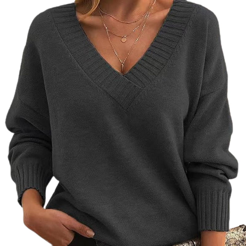 Women’s V-Neck Knitted Sweater – Relaxed Fit, Long Sleeve