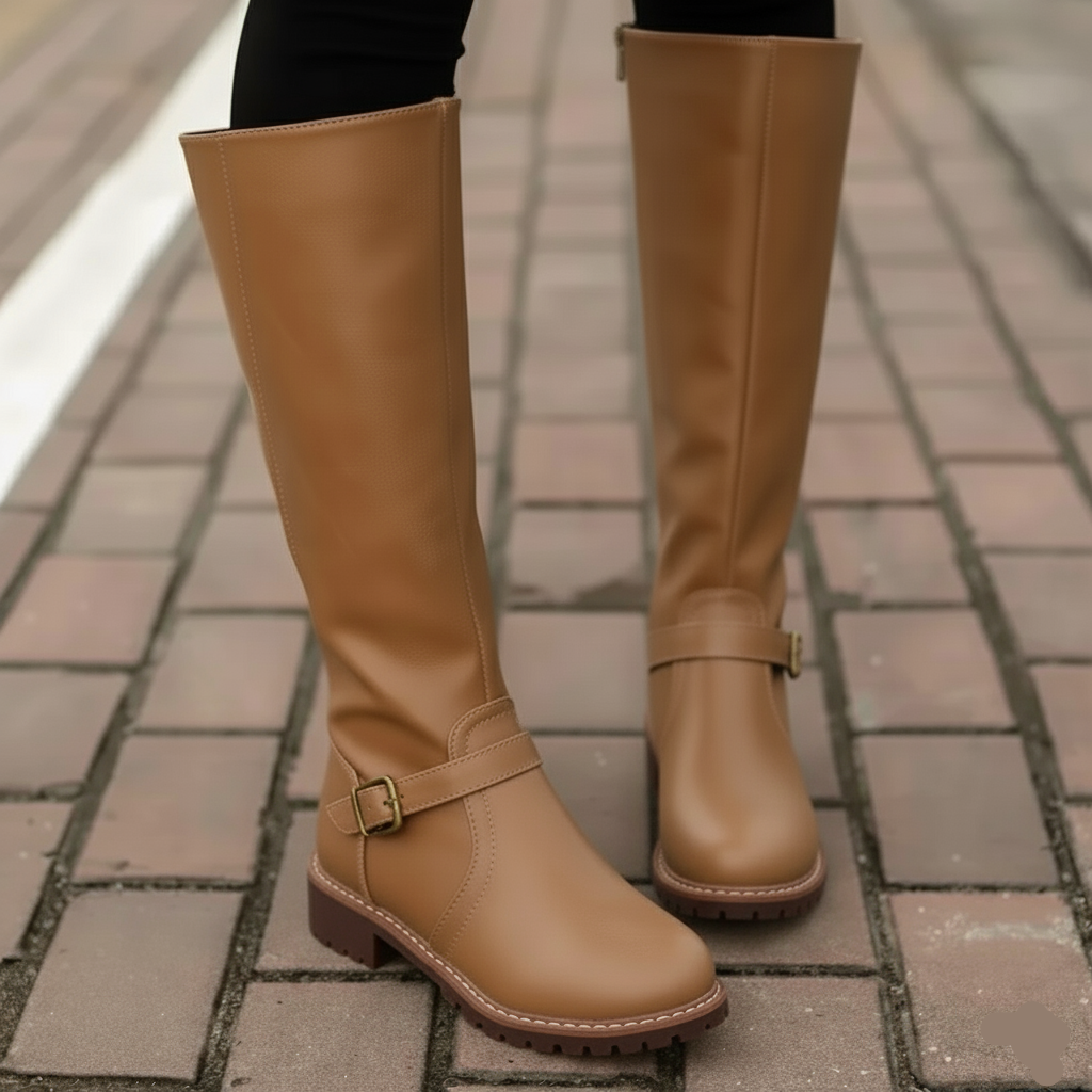 Women’s Knee-High Boots – Classic Buckle Strap Design