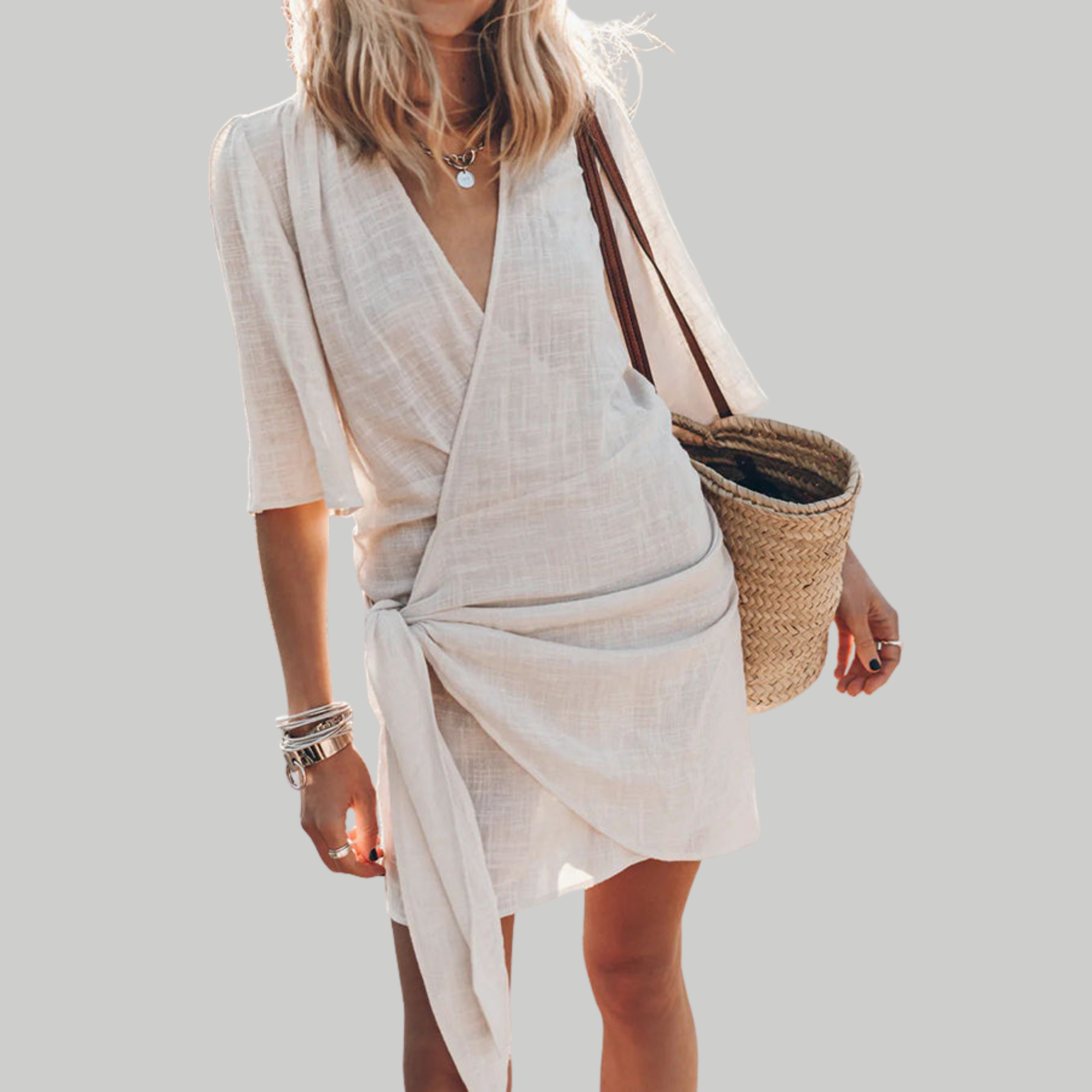 Women’s Wrap Linen Mini Dress – Asymmetrical Hem and Adjustable Fit for Summer