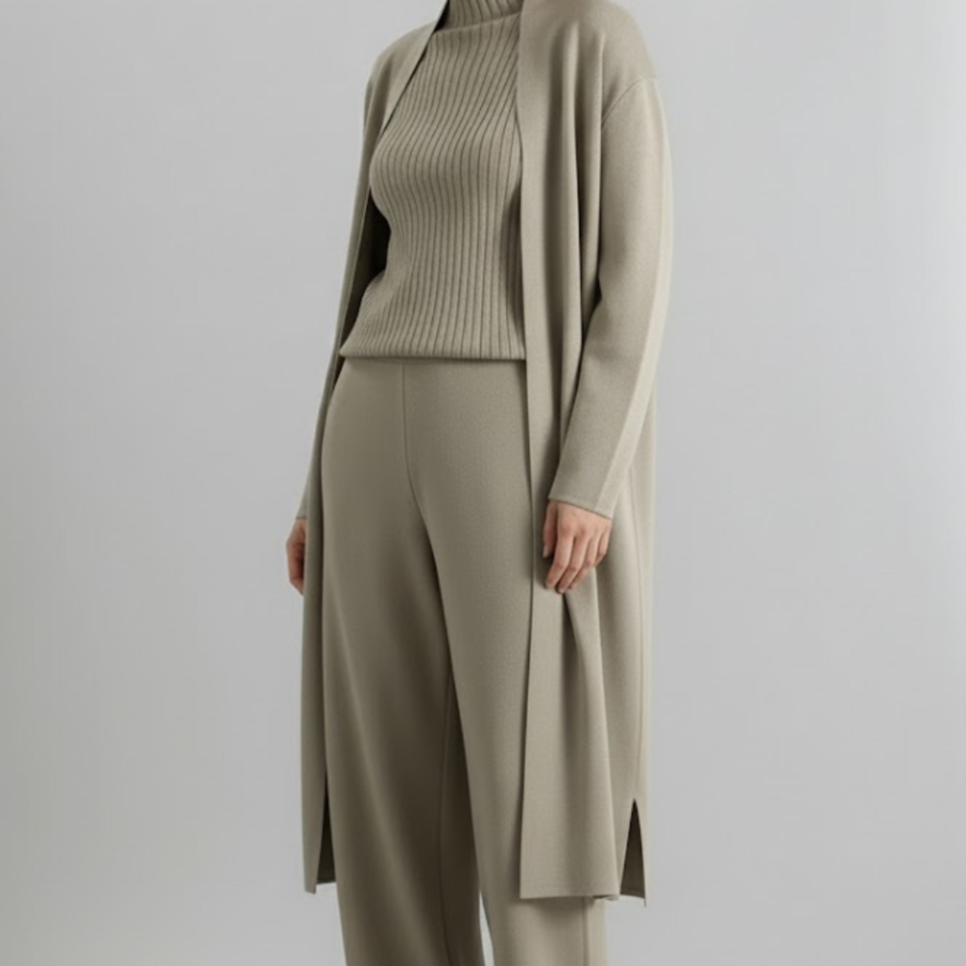 Women’s Three-Piece Lounge Set – Ribbed Knit Top, Wide-Leg Trousers & Longline Cardigan