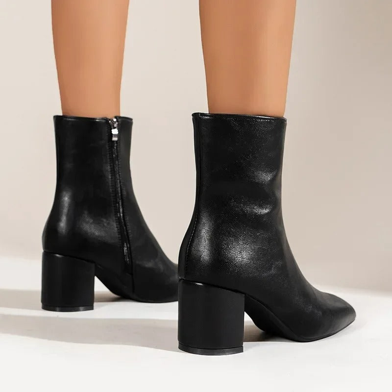 Women’s Ankle Boots – Block Heel Zip-Up Boots with Pointed Toe